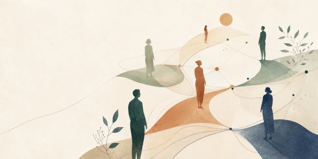 Illustration de professionnels reliés par différentes trajectoires, évoquant la coopération, la clarté des rôles et la transformation des organisations.