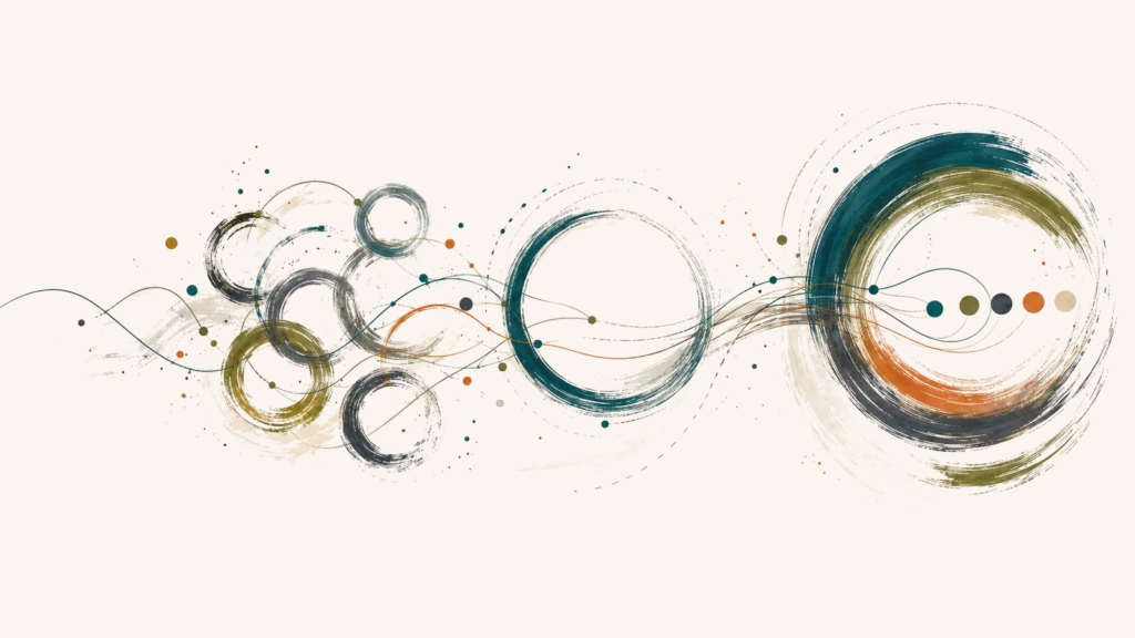 Un parcours composé de cercles reliés qui converge progressivement vers un ensemble plus lisible et plus solide.