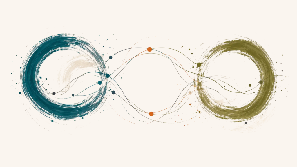 Deux cercles reliés par des lignes, symbolisant la coopération entre les acteurs.